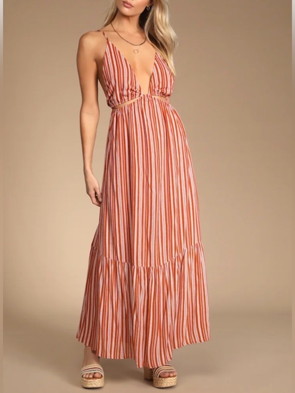 Lulu's Beautifully Breathtaking Rust Striped Cutout Maxi Dress